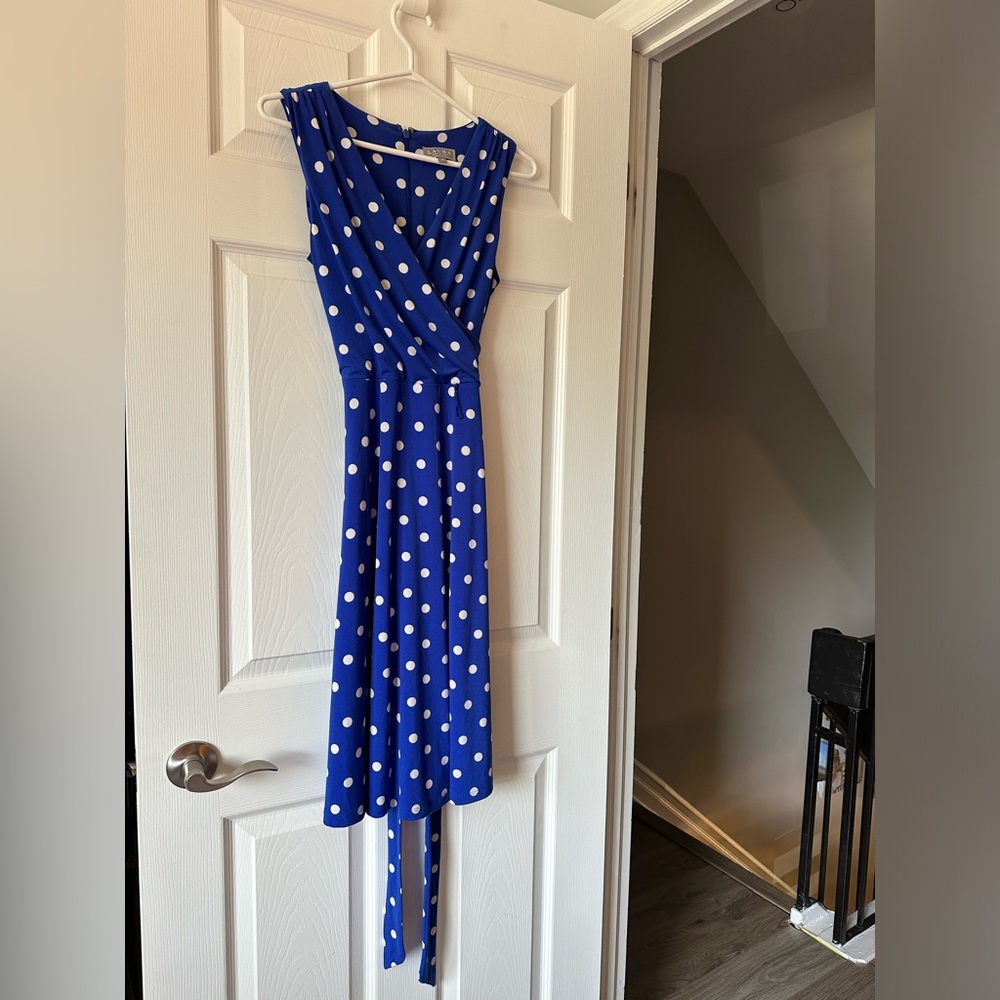 Laura Petite’s Blue Polka Dot Belted Dress